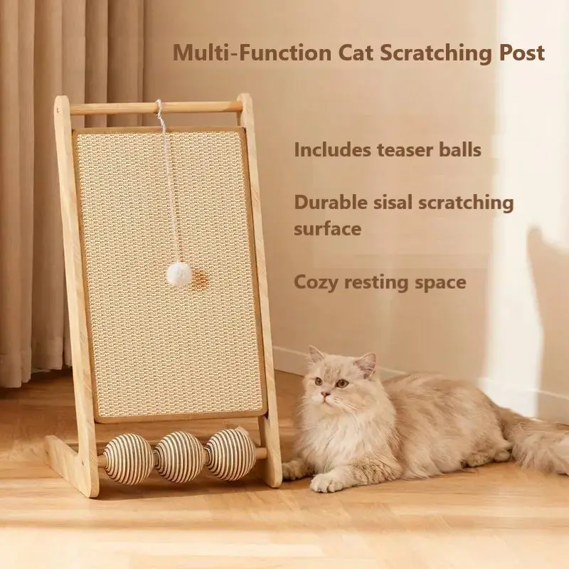 Large Vertical Sisal Cat Scratching Post with Wooden Frame & Hanging Balls