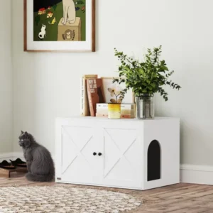 Modern Cat Litter Box Enclosure Cabinet with Barn Door