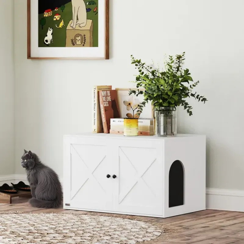 Modern Cat Litter Box Enclosure Cabinet with Barn Door