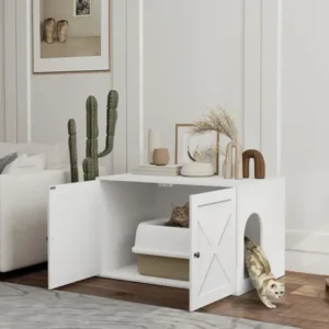 Modern Cat Litter Box Enclosure Cabinet with Barn Door