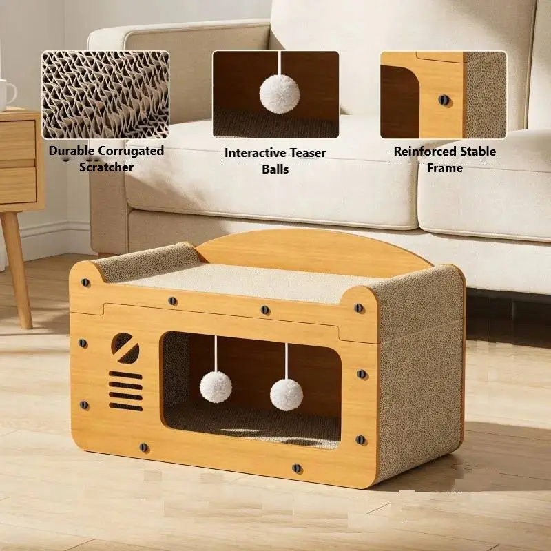 Modern TV-Shaped Cat Scratcher Sofa Bed with Teaser Balls – Double Layer Lounge for Indoor Cats - Image 3