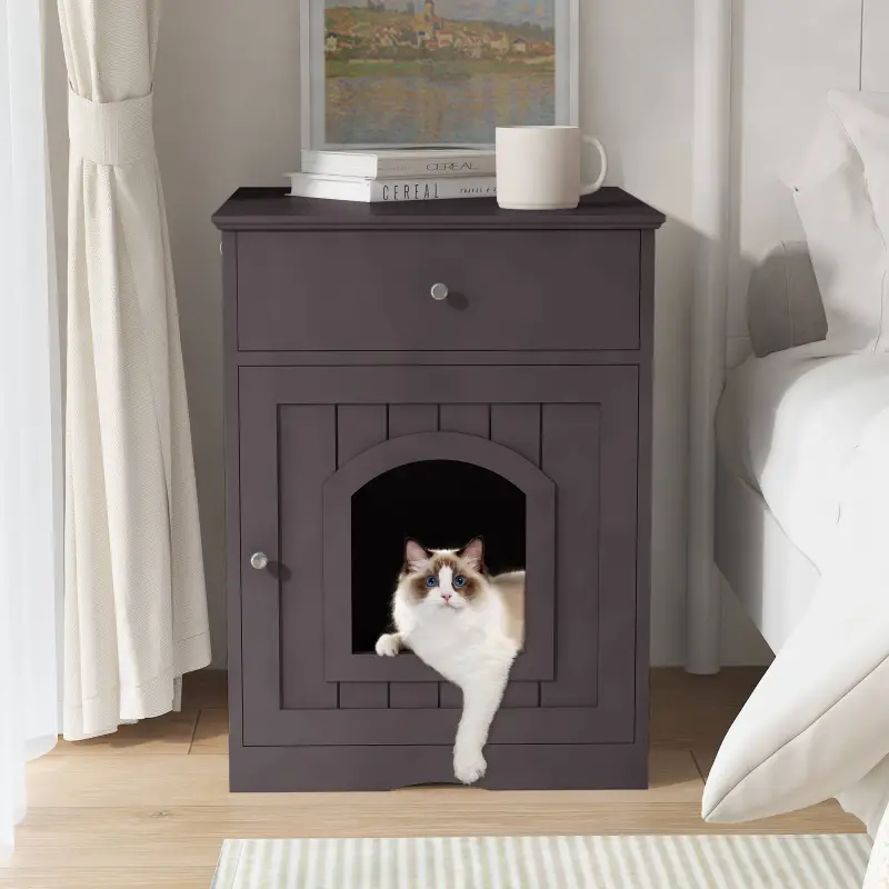 Modern Wooden Cat Litter Box Enclosure with Drawer – Hidden Cat House Side Table Furniture - Image 3