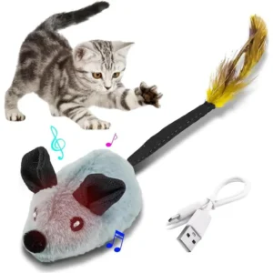 USB Rechargeable Interactive Cat Mouse Toy with LED Lights & Feather Tail